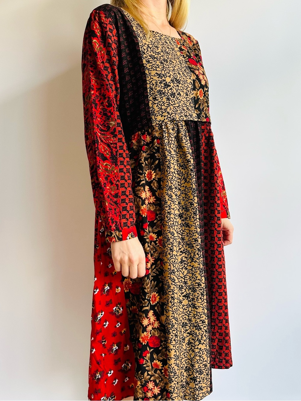 New Los Banditos Patchwork Boho Cotton Midi Dress Red Floral Long Sleeve - Picture 2 of 11
